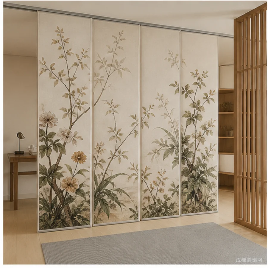植物图案印花屏风帘作为室内隔断