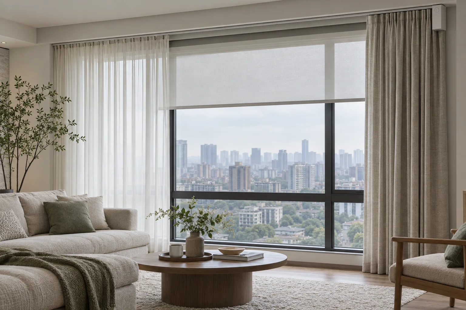 现代成都住宅内的布艺帘纱帘卷帘与可检修电动轨道