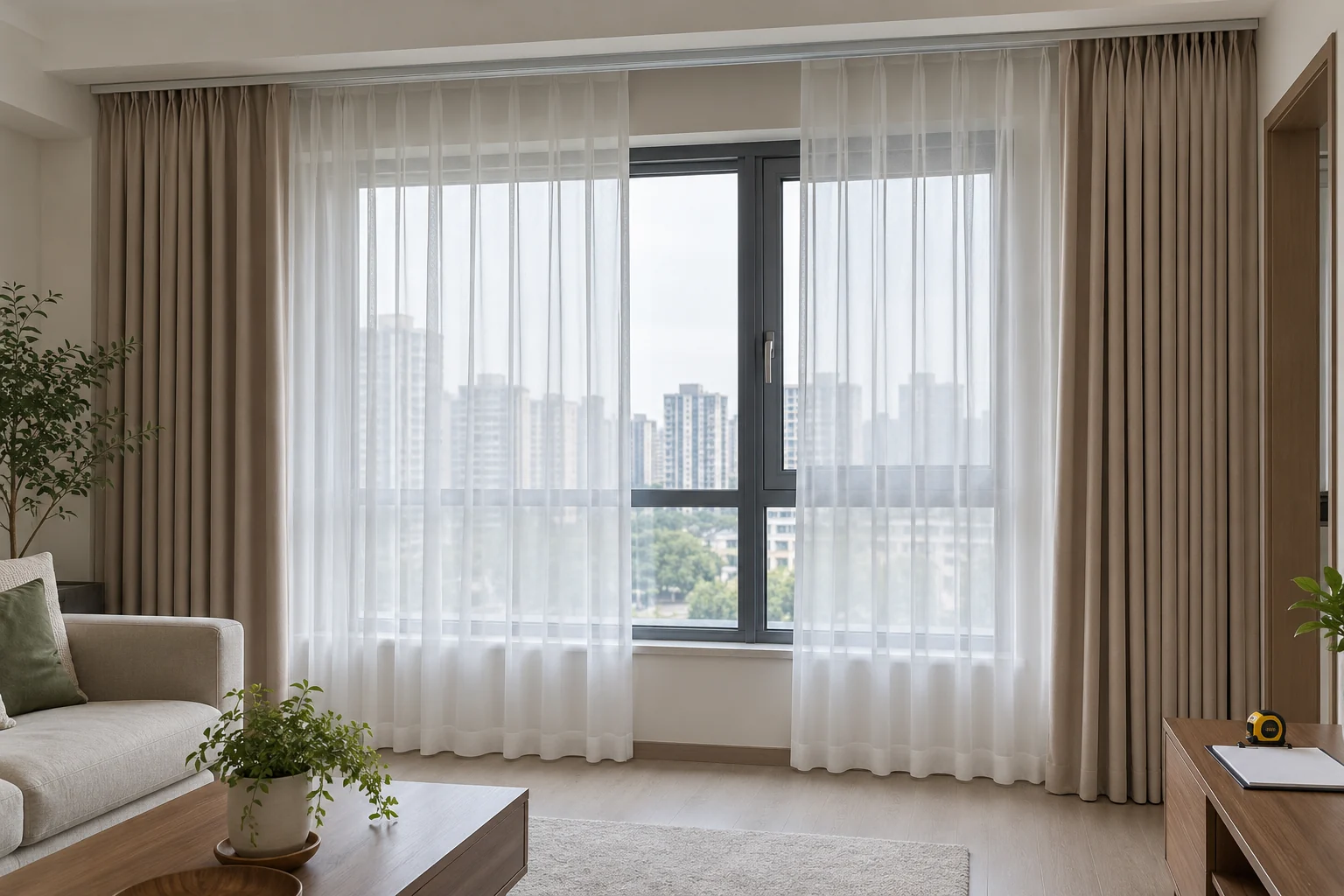 成都住宅客厅里安装完成的双层窗帘、顶部轨道与验收工具