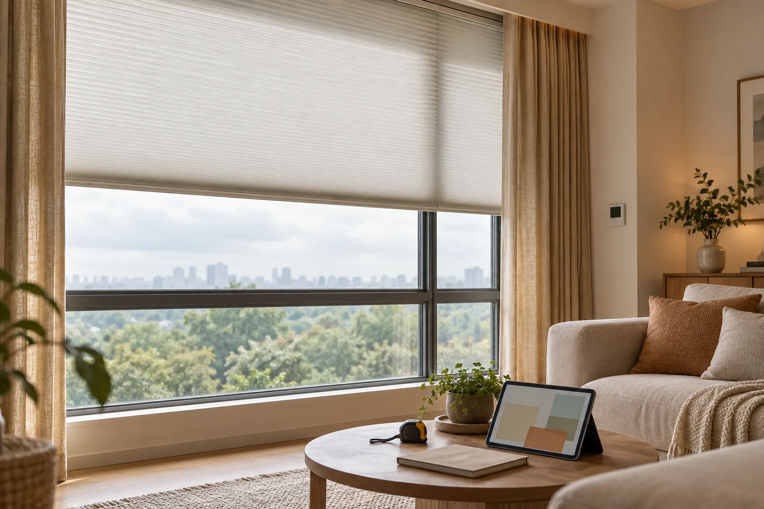 成都住宅客厅的蜂巢帘、布帘、窗户和温控器示意场景